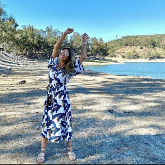 DESMOND & DEMPSEY H&M S Linen-Blend Kaftan Midi Belted Button Up Tropical Dress - Picture 2 of 16